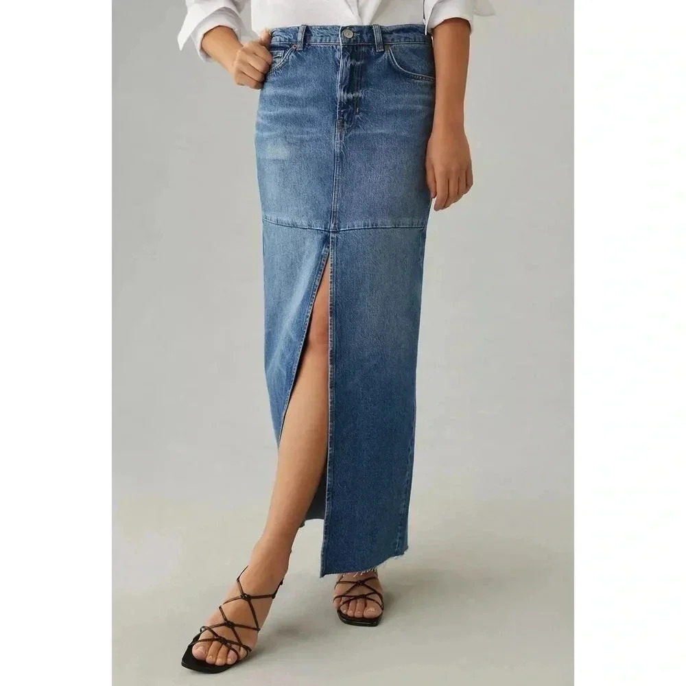 NWT Reformation Tazz Maxi Denim Skirt Blue 25